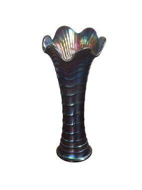 Imperial Carnival Glass Swung Vase 11" Ripple Amethyst Iridescent Ribbed Antique